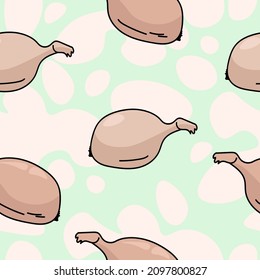 Large light onions seamless pattern, cooking bulbs and pink spots on a light green background vector illustration