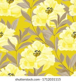 Large light peonies flowers with graceful ochre leaves on a yellow background. Seamless vector floral illustration. Square repeating pattern for design, fabric and wallpaper.