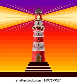 A large lighthouse that points the way to ships. Lighthouse light on bright sky background