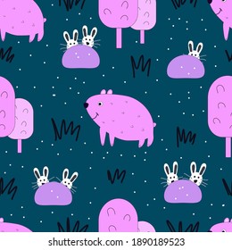 Large lilac bears with trees on a green background.Pattern for postcards, illustrations, T-shirts, stickers, decorations.