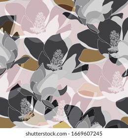 Large lilac and grey color inflorescences of flowers. Floral seamless pattern. Vector illustration with hand drawn plants.