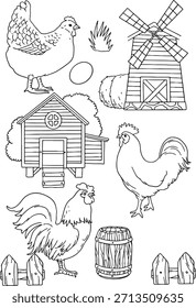 Una colección de arte de línea Grande con Elementos temáticos de granja: varios animales de granja (caballo, vaca, cordero, cerdo, pollo, ganso, polluelos) y estructuras rurales (molino de viento, gallinero, valla, barril).