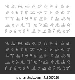 Large line set of sports icons. Vector linear symbol of sportsmen. Pictogram summer and winter sports. Open path.