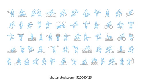 Large line set of sports icons. Vector linear symbol of sportsmen. Pictogram summer and winter sports. Open path.