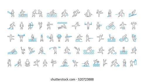 Large line set of sports icons. Vector linear symbol of sportsmen. Pictogram summer and winter sports. Open path.