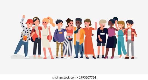 Large line up of young adult diverse group of people minimalist vector illustration. Trendy character design on cheerful men and women in different outfits standing together smiling and laughing