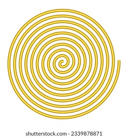 Large linear spiral. Gold colored Archimedean spiral of with ten turnings of one arm of an arithmetic spiral, rotating with constant angular velocity. Isolated illustration on white background. Vector