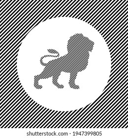 A large lion symbol in the center as a hatch of black lines on a white circle. Interlaced effect. Seamless pattern with striped black and white diagonal slanted lines