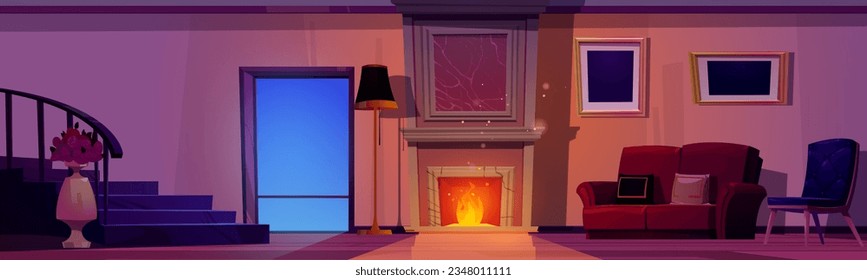 Large living room with fireplace at night. Vector cartoon illustration of house interior or hotel lobby with chair and sofa, bunch of roses in vase next to staircase, floor lamp, pictures on wall