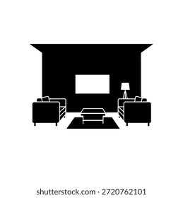 Grande sala de estar con sofás gemelos, mesa de centro y Ilustración vectorial de silueta de televisión para un interior espacioso
