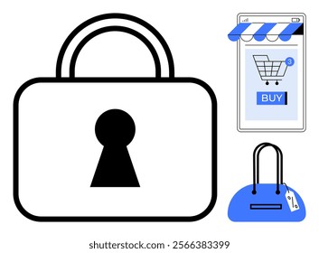 Large lock, hand with price tag and shopping cart on smartphone screen. Ideal for online shopping, cybersecurity, e-commerce, retail security, digital transactions. Simple vector style