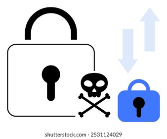 Large lock with a keyhole beside a skull and crossbones, smaller lock, and up and down arrows. Ideal for online security, data protection, cyber threats, privacy warnings, and digital safety. Simple