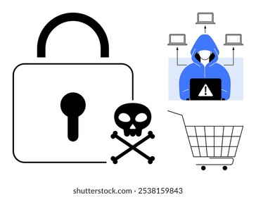 Large lock and skull and crossbones is central, hoodie-clad hacker with computers above, and empty shopping cart below. Ideal for digital security, cybercrime, online protection, malware, and safe