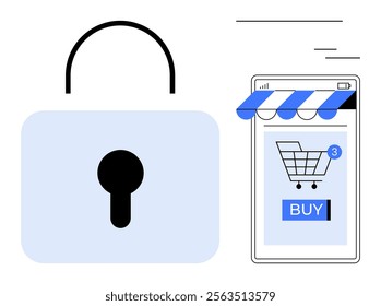 Large lock symbol next to mobile phone displaying shopping cart and buy button Ideal for themes of online security, e-commerce, mobile technology, cybersecurity, and digital transactions Simple flat