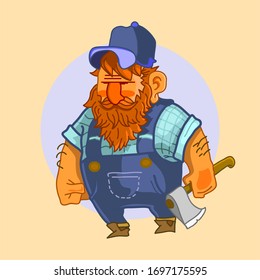 Large logger with a red beard and a sharp ax in a blue jumpsuit. Doodle logger