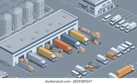 Large logistics hub facility shows numerous trucks loading cargo at a busy distribution center with multiple shipping bays.