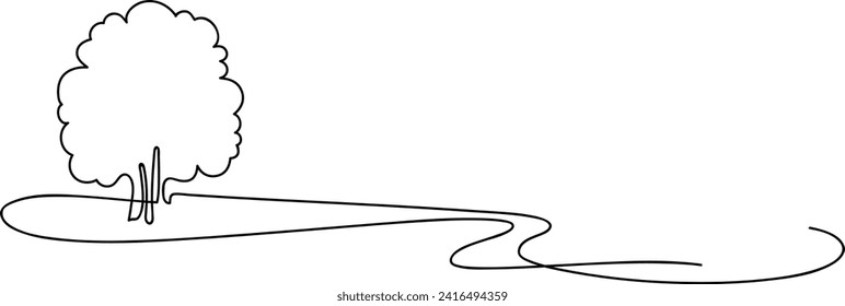 Large lonely tree near a path in a garden or park. A place to relax in nature. Continuous line drawing. Vector illustration.