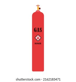 Large And Long Gas Cylinder Icon With Danger Icon And Flammable Sticker A White Background. Gas Cylinder Tank For All Inert And Mixed Inert Gases. Lpg. Flammable Barrel With High Pressure And Valves