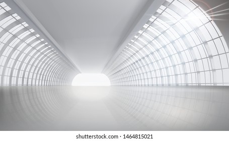 A large long hall with lots of windows. Empty space. Vector illustration.