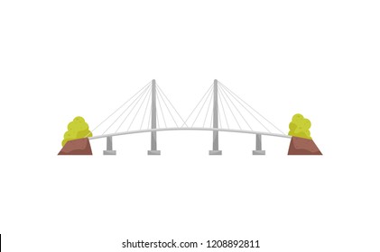 Large and long suspension cable bridge. Metal structure for crossing a river. Construction for transportation. Flat vector icon