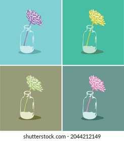 a large lotus flower in a clear glass bottle with shadows underneath, and 4 different color combinations create a colorful mid-tone feel.
