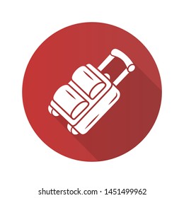 Large luggage suitcase on wheels flat design long shadow glyph icon. Packed baggage, travel bag with handles. Airplane suitcase with handles. Travelling abroad. Vector silhouette illustration