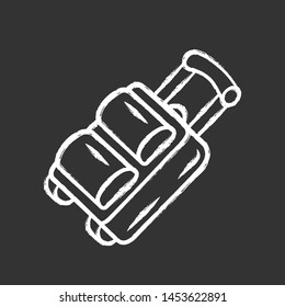 Large luggage suitcase on wheels chalk icon.  Packed baggage, travel bag with handles. Airplane suitcase with handles. Travelling abroad, trip equipment, item. Isolated vector chalkboard illustration