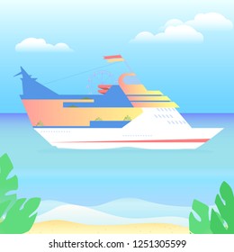 A large luxurious passenger ship. Travel through the world. Flat vector background with sea, clouds, beach. Cruise voyage floating by the ocean with beautiful sea sights.
