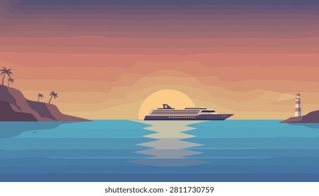 Large luxury cruise ship sails across calm waters at sunset near a silhouetted lighthouse and palm trees.