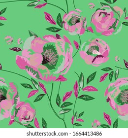 Large magenta pink buds and peonies flowers surrounded by leaves on a green background. Floral seamless pattern. Vector illustration with plants.