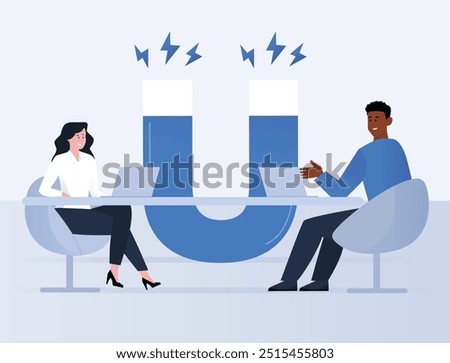 Large magnet concept vector illustration. Marketing or customer retention strategy. Colleagues man and woman sitting on a desk, teamwork, laptop, business meeting
