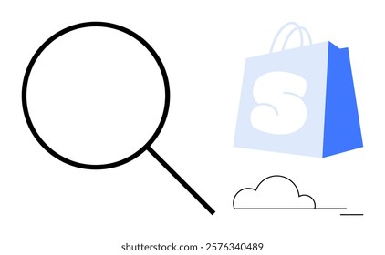 Large magnifying glass alongside blue shopping bag with letter S and cloud symbol Ideal for, retail branding online shopping search functions e-commerce marketing and store promotion Minimalist style