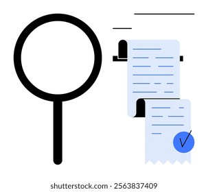 Large magnifying glass beside a document roll with a blue checkmark. Ideal for research, quality control, auditing, document verification, and thorough examination. Simple clean style