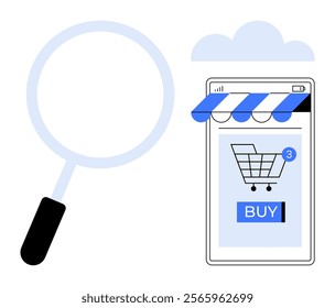 Large magnifying glass beside mobile device displaying shopping cart with products and prominent buy button below. Ideal for online retail e-commerce digital shopping purchase technology. Clean