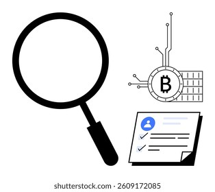 Large magnifying glass, blockchain cryptocurrency symbol, and verified document. Ideal for cryptocurrency research, blockchain analysis, identity verification, financial technology, data security