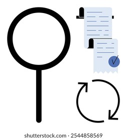 Large magnifying glass circle, document with blue check mark, and refreshing arrow symbol. Ideal for research, analysis, verification, documentation, and updates. Simple vector style with minimal