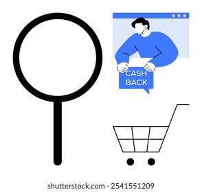 Large magnifying glass, shopping cart, and person holding cash back sign. Ideal for online shopping, e-commerce, cashback offers, customer incentives, digital marketing. Simplistic and modern style