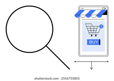 Large magnifying glass and smartphone screen with a shopping cart and buy button. Ideal for e-commerce, online shopping, digital marketing, mobile app development, user experience design. Minimalist