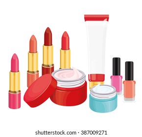 Large makeup set: Red, blue jar and tube of cosmetic face cream and cream for the body. Set of 4 lipstick: red, pink and maroon. Set of nail polish. Vector illustration isolated on white background.