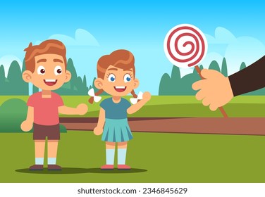 Large male hand offers big ladynette to two children in city park. Unknown stranger man hold lollipop, happy surprised little boy and girl. Cartoon flat style isolated vector concept