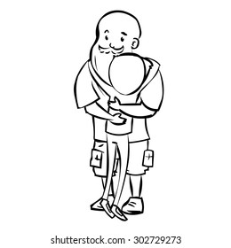 A large man with a beard hugging his friend. Hand drawn cartoon vector illustration.