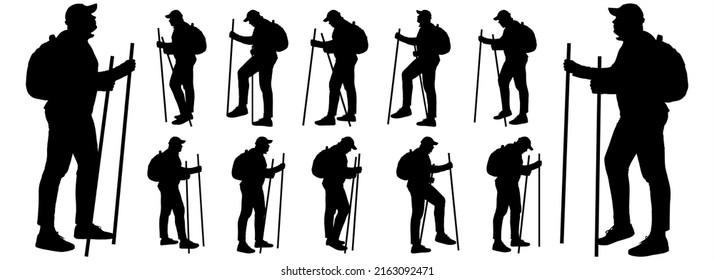 A large man in a cap, in a tracksuit, with a backpack on his back, walks with sticks for walking. Hikers with sticks for walking. Norwegian walking. Twelve black male silhouettes isolated on white	
