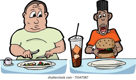 Large man with small salad and skinny man with large burger and soda