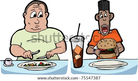 Large man with small salad and skinny man with large burger and soda
