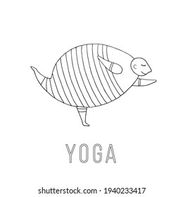 A large man in a striped suit practices yoga. Asanas. Yoga poses. Charging. Exercises. Physical Education. Vector hand-drawn doodle illustration. Black and white outline. Coloring. Body positive