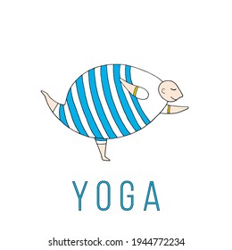 A large man in a striped suit practices yoga. Asanas. Yoga poses. Charging. Exercises. Physical Education. Vector hand-drawn doodle illustration. Body positive