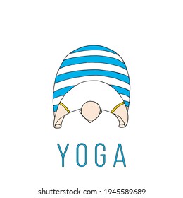 A large man in a striped suit practices yoga. Asanas. Yoga poses. Charging. Exercises. Physical Education. Vector hand-drawn doodle illustration. Body positive