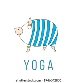 A large man in a striped suit practices yoga. Asanas. Yoga poses. Charging. Exercises. Physical Education. Vector hand-drawn doodle illustration. Body positive