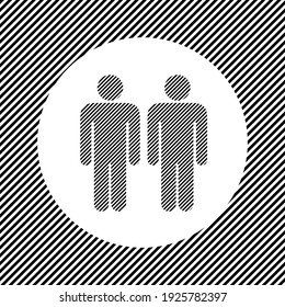 A large man with man symbol in the center as a hatch of black lines on a white circle. Interlaced effect. Seamless pattern with striped black and white diagonal slanted lines