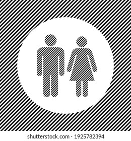 A large man with woman symbol in the center as a hatch of black lines on a white circle. Interlaced effect. Seamless pattern with striped black and white diagonal slanted lines